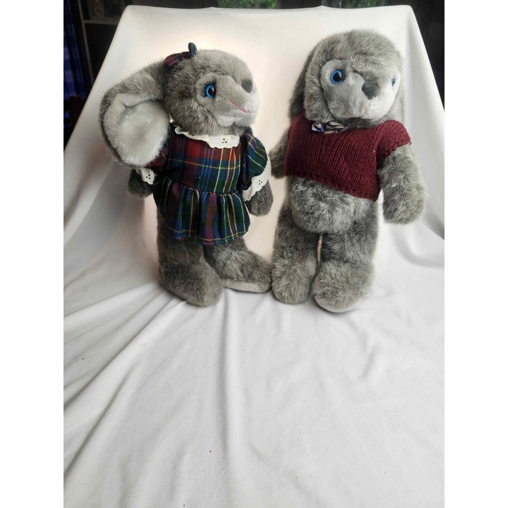 Vintage Russ Berrie Beverly and Bentley Gray Plush Bunny Rabbit Set of 2 Plaid